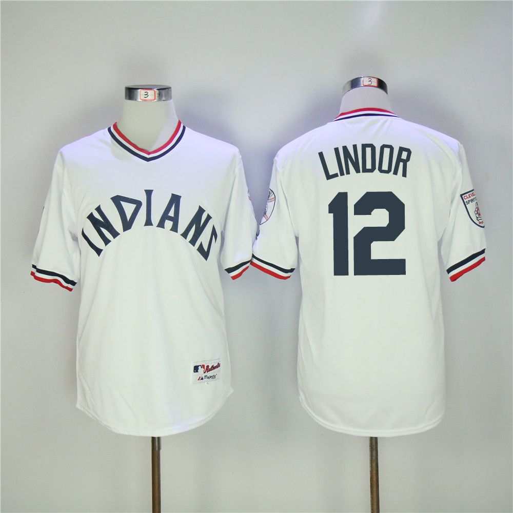 Men Cleveland Indians #12 Lindor White Throwback MLB Jerseys